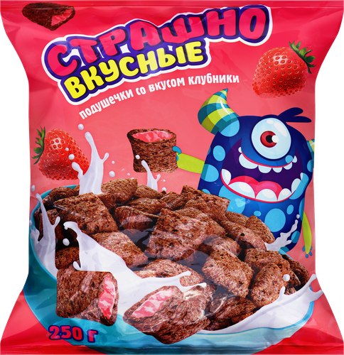 Сухой завтрак СТРАШНО ВКУСНЫЕ подушечки с клубничной начинкой, 250г, вид
