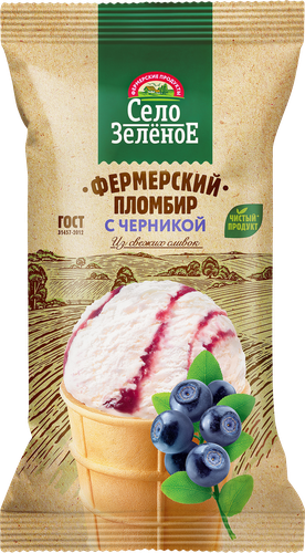 Мороженое СЕЛО ЗЕЛЁНОЕ Пломбир с черникой 15%, без змж, вафельный стаканчик, 70г, детальное фото