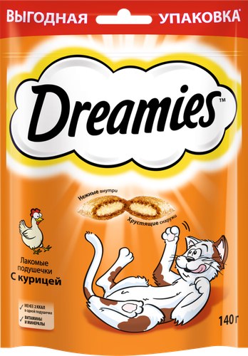 Лакомство для кошек DREAMIES Подушечки с курицей, 140г, крупный план