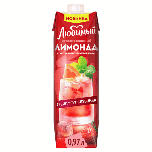Напиток сокосодержащий ЛЮБИМЫЙ Лимонад Яблоко, грейпфрут, клубника, лимон с экстрактом мяты и лемонграсса негазированный, 0.97л, крупный план