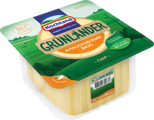 Сыр полутвердый HOCHLAND Grunlander 50%, без змж, 400г, крупный план