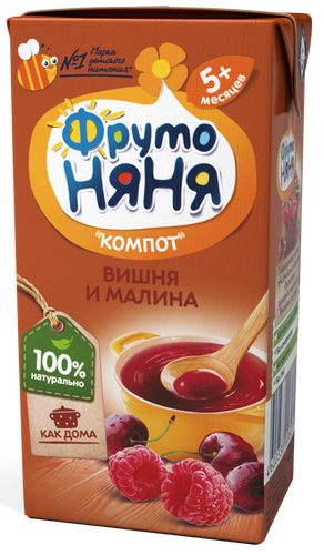 Компот ФРУТОНЯНЯ Вишня и малина неосветленный, с 5 месяцев, 200мл, детальное фото