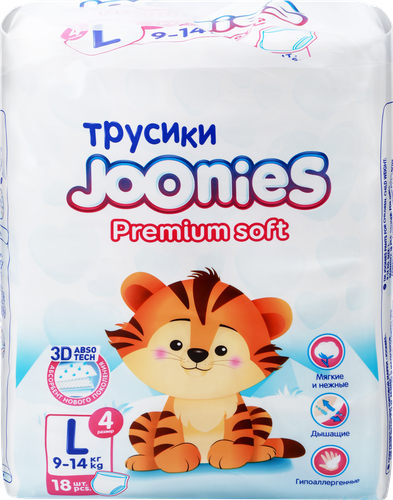 Подгузники-трусики JOONIES Premium Soft L 9–14кг, 18шт, детальное фото
