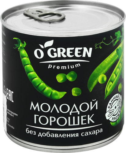 Горошек O`GREEN Premium молодой, без сахара, 400г, изображение