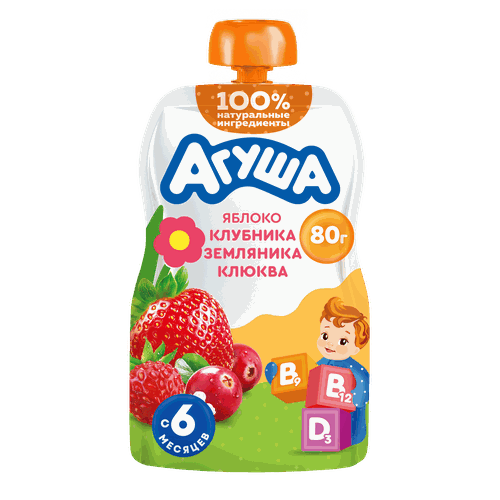 Пюре Агуша Укрепляй-ка яблоко, клубника, земляника, клюква  пауч 80г., картинка