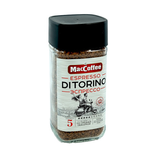 Кофе растворимый MACCOFFEE DiTorino Espresso натуральный сублимированный, 190г, крупный план
