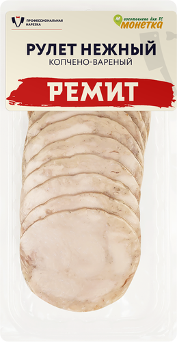 Рулет копчено-вареный РЕМИТ Нежный куриный, нарезка, 90г, фотография