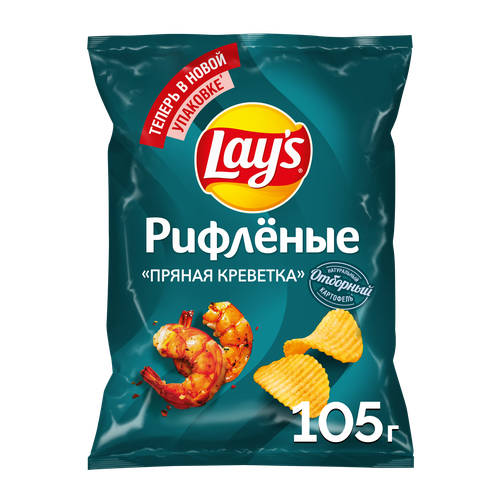 Картофельные чипсы LAY’S Рифленые Пряная Креветка ф/п 105г., фото