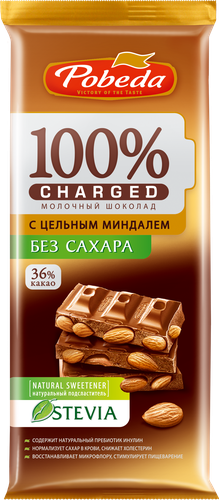 Шоколад ПОБЕДА молочный без сахара с цельным миндалем 90г., фотография