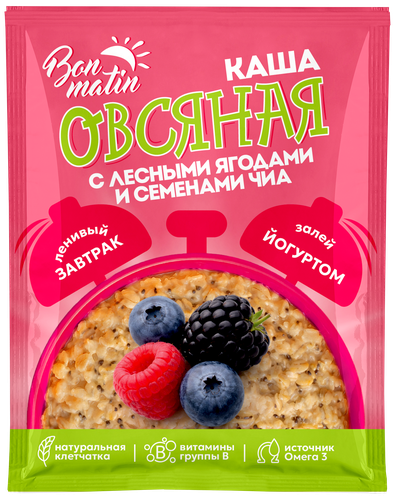 Каша овсяная с лесными ягодами и семенами чиа BON MATIN п/п 40г., фотография