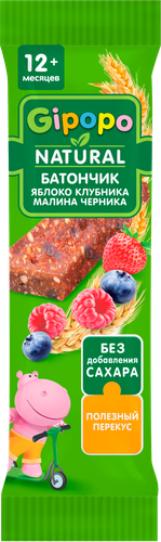 Злаковый баточик ГИПОПО Яблоко, клубника, малина, черника ф/п 20г., крупный план
