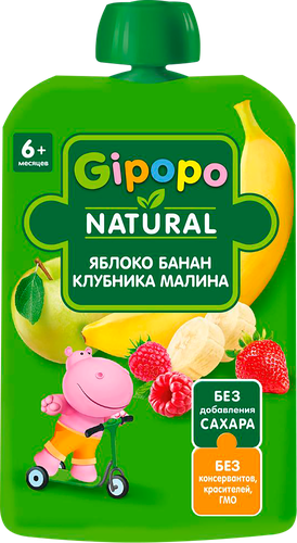 Пюре ГИПОПО Яблоко, банан, малина, клубника пауч 90г., детальное фото