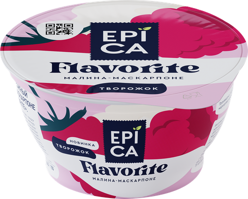 Творожный десерт EPICA FLAVORITE с малиной и маскарпоне 7,7% стакан 130г. Эрманн БЗМЖ, картинка