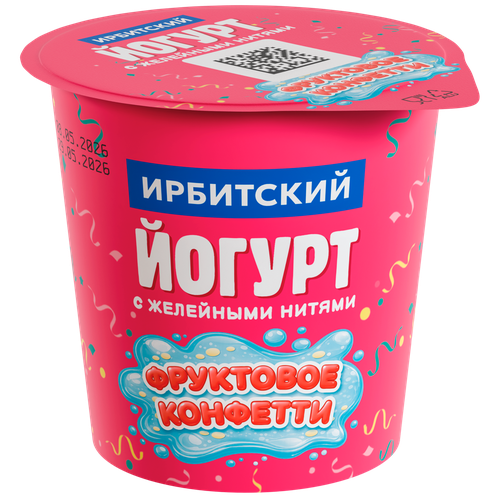 Йогурт ИРБИТСКИЙ с желейными нитями со вкусом Тутти-фрутти 5,2% 125г. стакан БЗМЖ, изображение