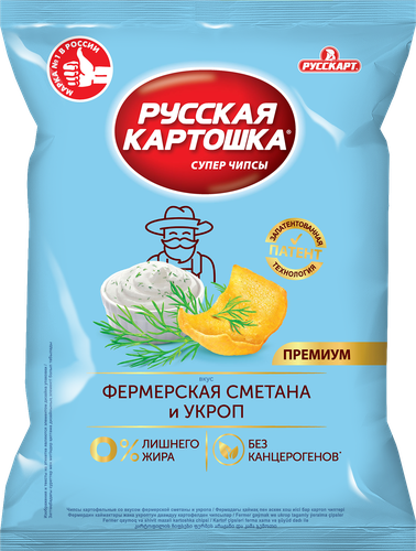 Чипсы РУССКАЯ КАРТОШКА Фермерская СМЕТАНА И УКРОП п/п 105г., крупный план