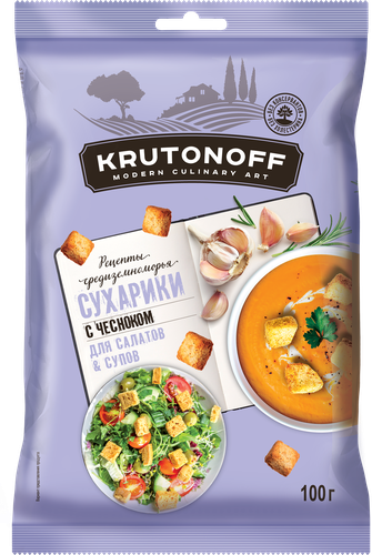Сухарики КРУТОНОФФ с чесноком для салатов и супов п/п 100г., фото