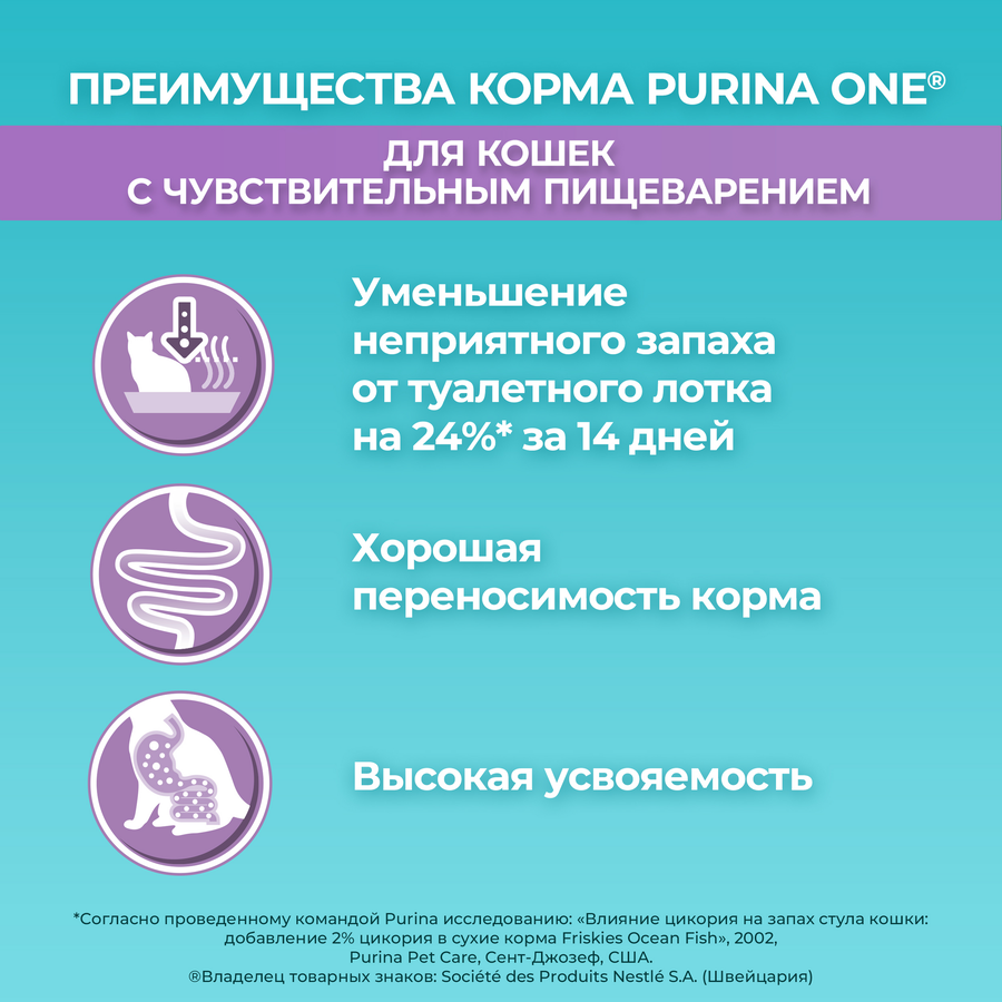 Корм сухой для взрослых кошек PURINA ONE Sensitive Индейка и рис, с чувствительным пищеварением, 750г, предпросмотр