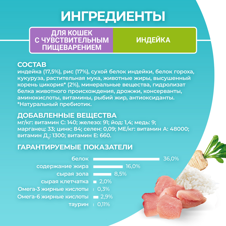 Корм сухой для взрослых кошек PURINA ONE Sensitive Индейка и рис, с чувствительным пищеварением, 750г, предпросмотр