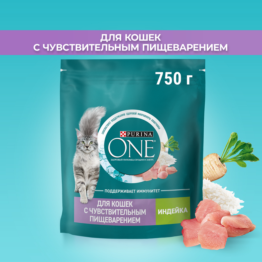 Корм сухой для взрослых кошек PURINA ONE Sensitive Индейка и рис, с чувствительным пищеварением, 750г, предпросмотр