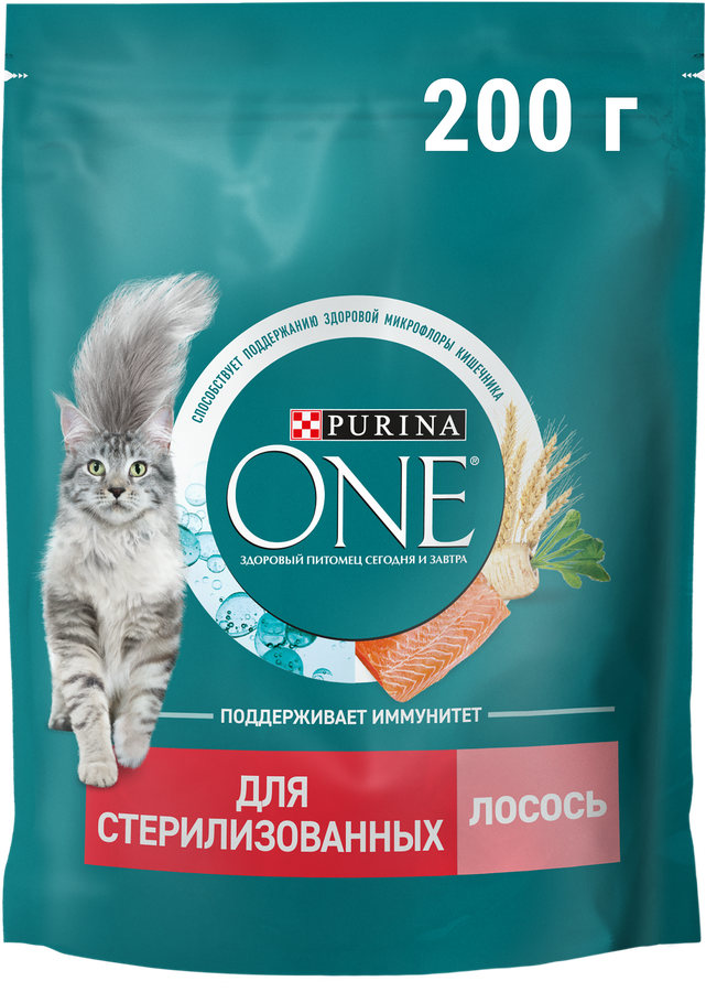Корм сухой для взрослых кошек PURINA ONE Sterilised с лососем и пшеницей, для стерилизованных, 200г, детальное фото