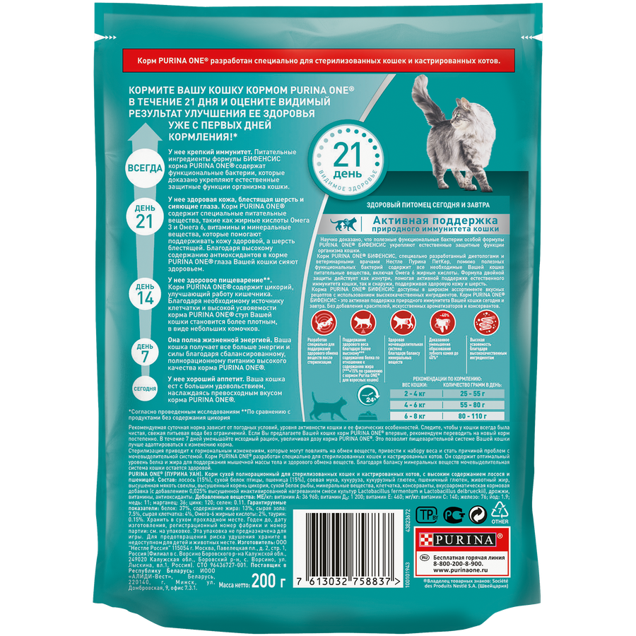 Корм сухой для взрослых кошек PURINA ONE Sterilised с лососем и пшеницей, для стерилизованных, 200г, фотография