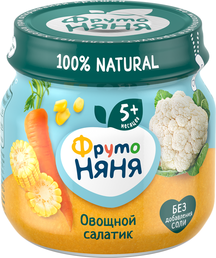Пюре овощное ФРУТОНЯНЯ Овощной салатик Цветная капуста, кукуруза и морковь, с 5 месяцев, 80г, предпросмотр