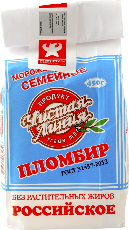 Мороженое ЧИСТАЯ ЛИНИЯ Семейное пломбир ванильный 12%, без змж, пакет, 450г, предпросмотр