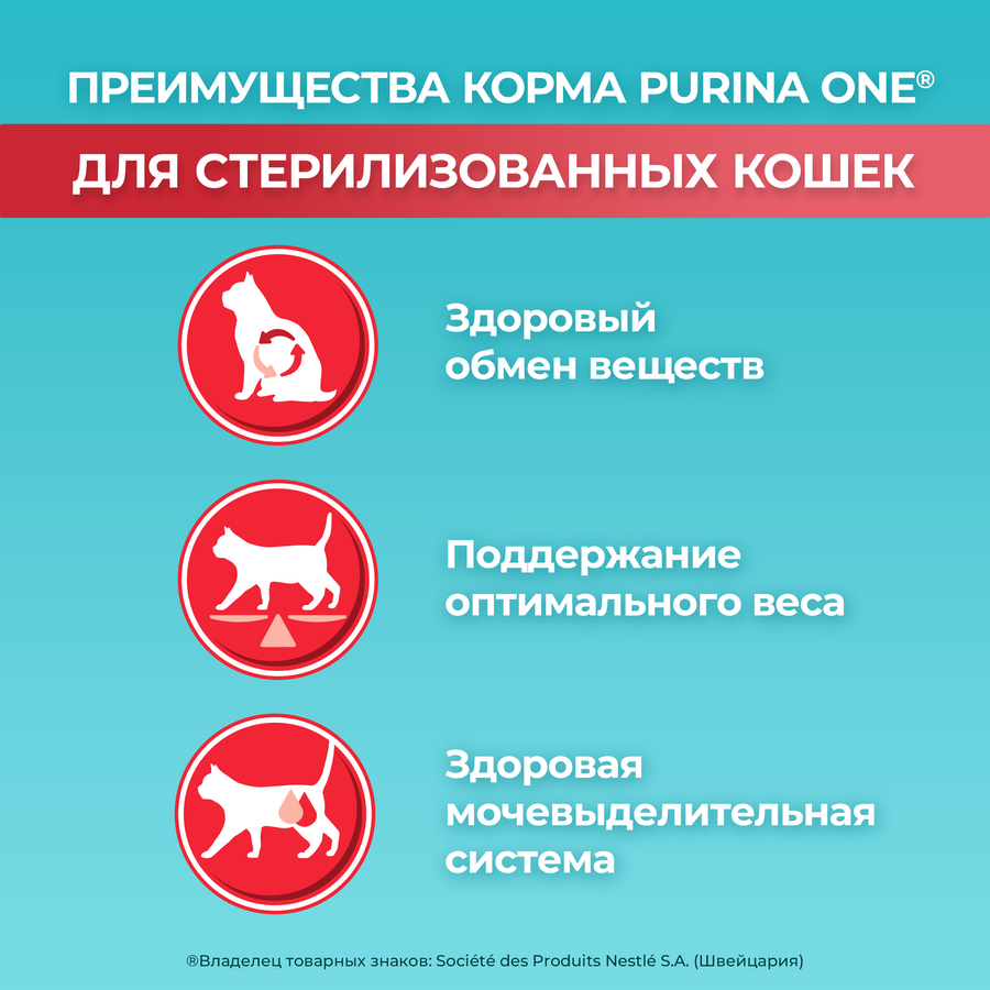 Корм сухой для взрослых кошек PURINA ONE Sterilised с лососем и пшеницей, для стерилизованных, 750г, вид