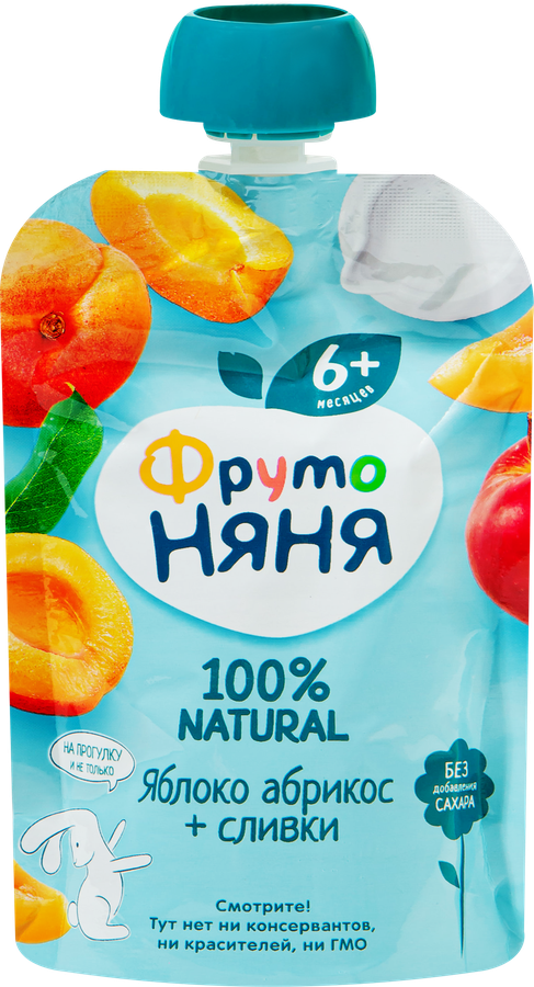 Пюре фруктовое ФРУТОНЯНЯ Яблоко, абрикос со сливками, с 6 месяцев, 90г, превью