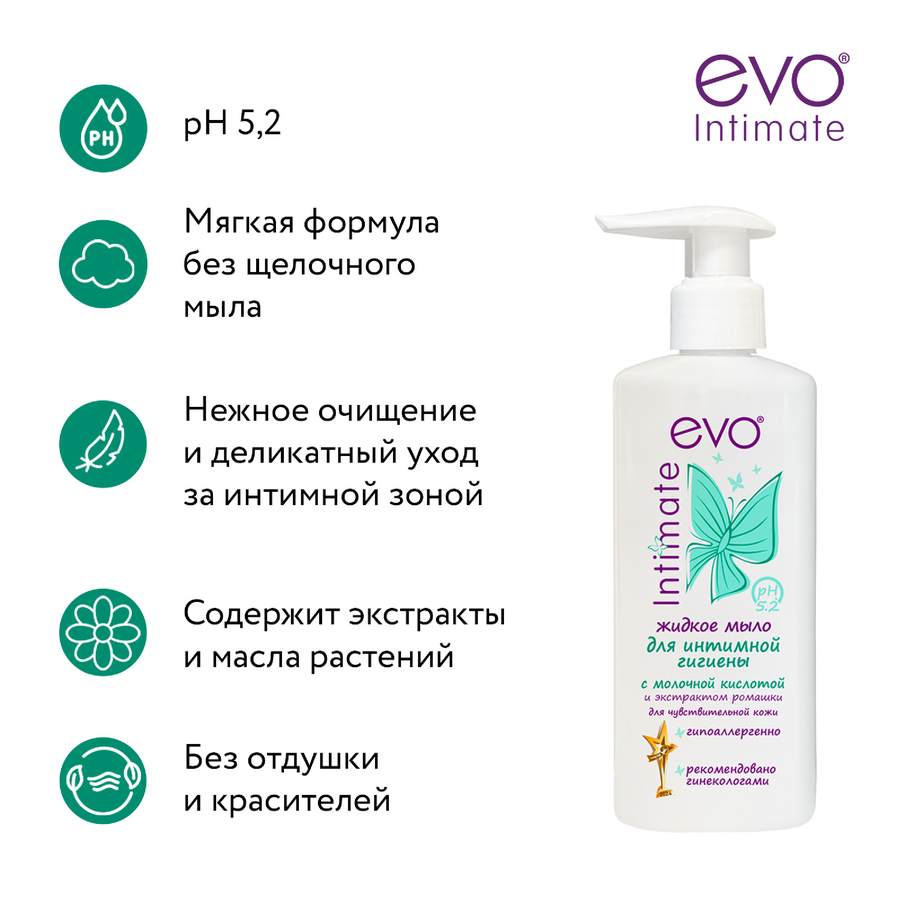 Жидкое мыло для интимной гигиены EVO для чувствительной кожи, 200мл, предпросмотр