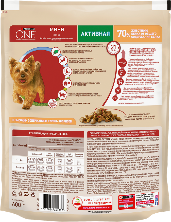 Корм сухой для взрослых собак PURINA ONE Mini Активная Курица и рис, 600г, предпросмотр