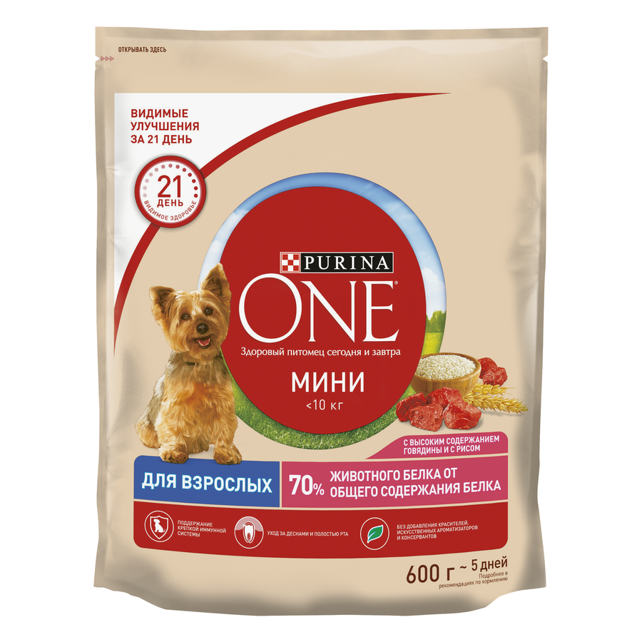 Корм сухой для взрослых собак PURINA ONE Говядина и рис, 600г, предпросмотр