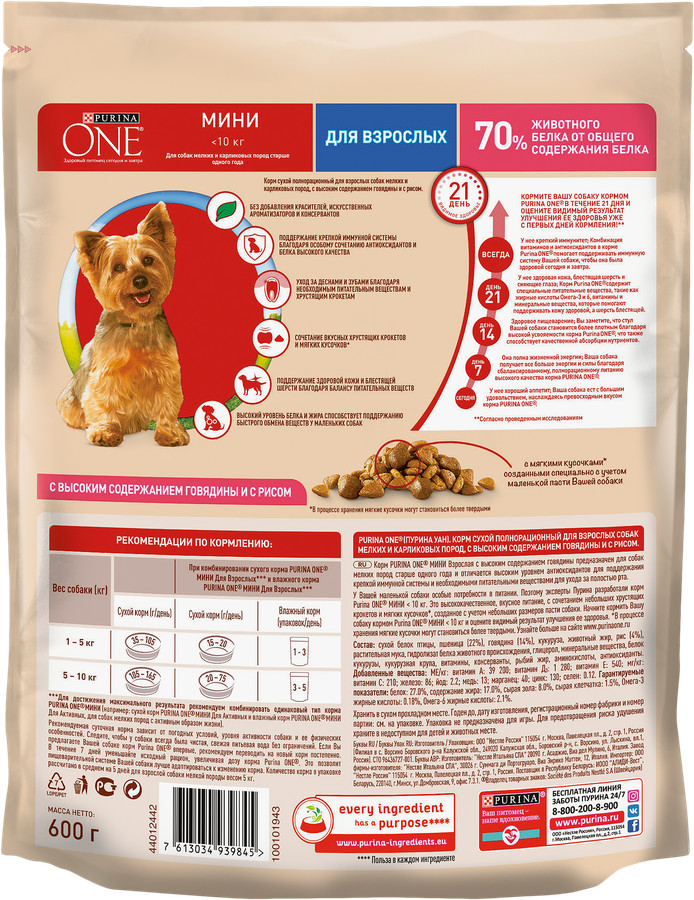 Корм сухой для взрослых собак PURINA ONE Говядина и рис, 600г, предпросмотр