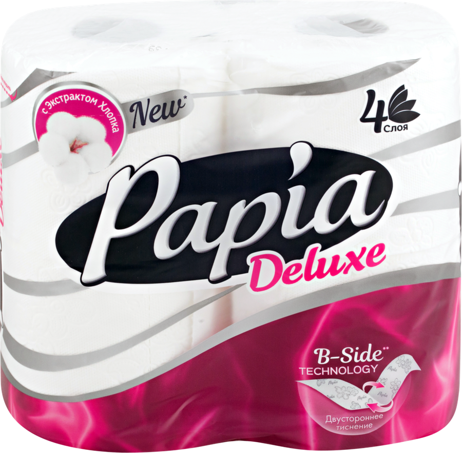 Бумага туалетная PAPIA Deluxe 4-слоя, 4шт, предпросмотр