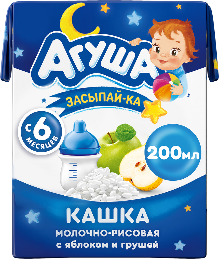 Кашка рисовая детская АГУША Засыпай-ка молочная 2,7%, с яблоком и грушей, с 6 месяцев, 200мл, предпросмотр