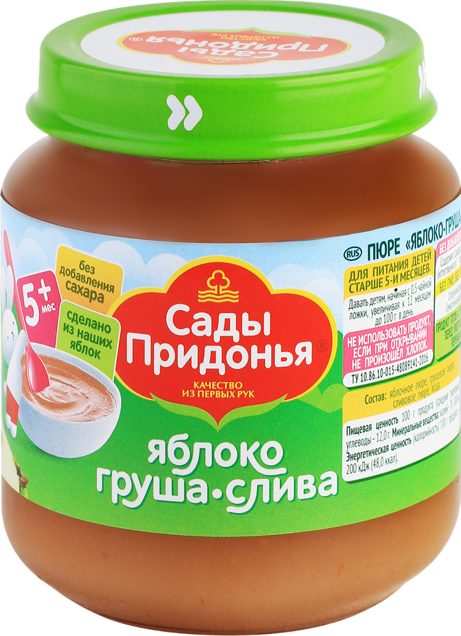 Пюре фруктовое САДЫ ПРИДОНЬЯ Яблоко, груша, слива, с 5 месяцев, 120г, превью