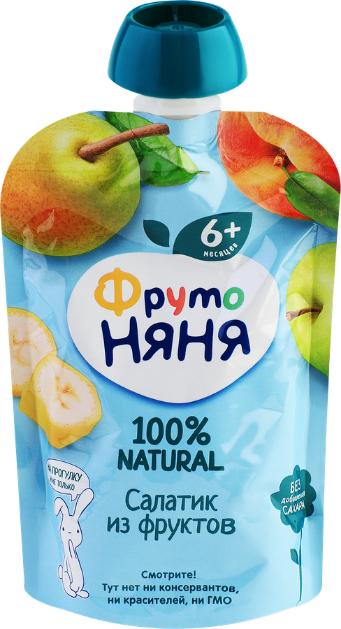 Пюре фруктовое ФРУТОНЯНЯ Салатик из фруктов Банан, груша, яблоко, персик, с 6 месяцев, 90г, превью