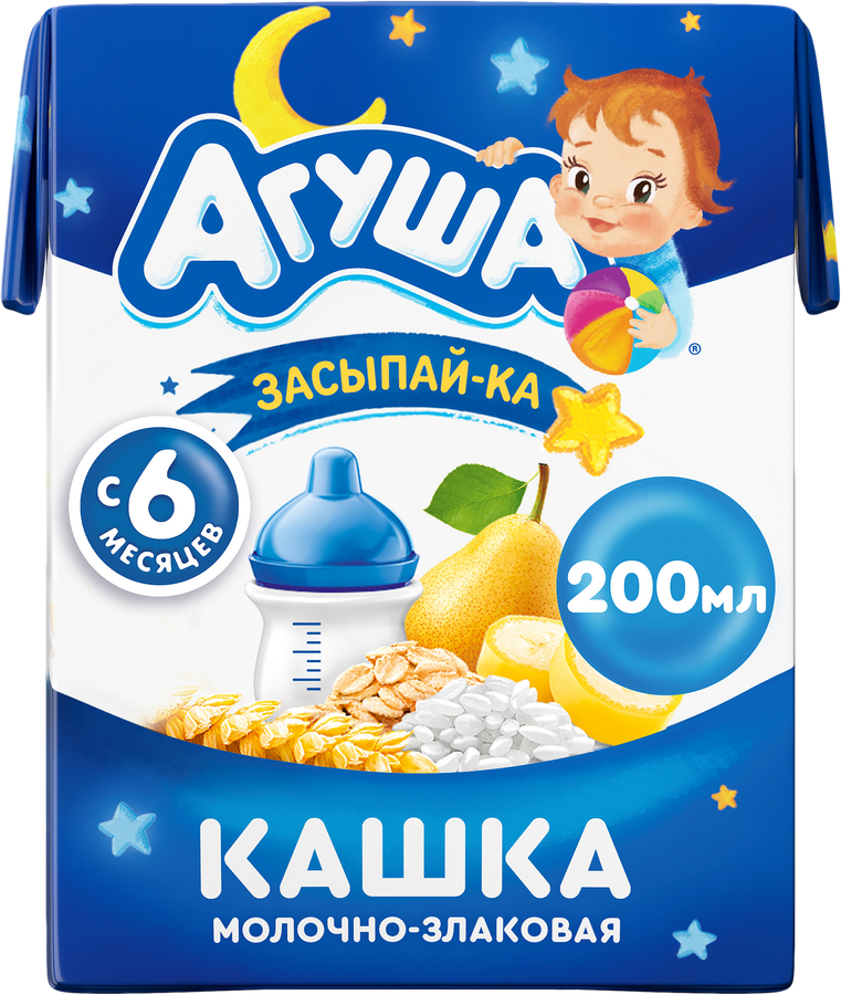 Кашка злаковая детская АГУША Засыпай-ка молочная 2,7%, с грушей и бананом, с 6 месяцев, 200мл, превью