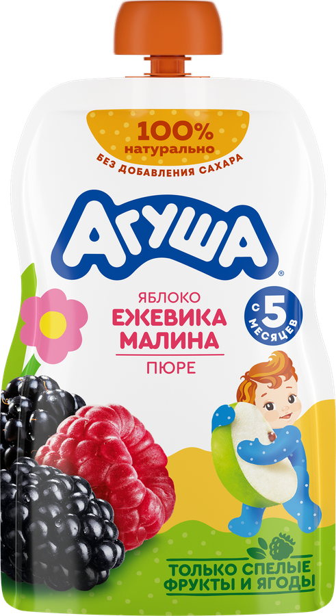 Пюре фруктово-ягодное детское АГУША Яблоко, ежевика, малина, с 5 месяцев, 90г, превью