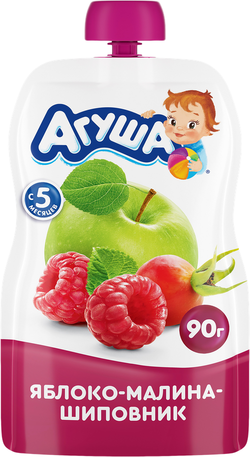 Пюре фруктовое детское АГУША Яблоко, малина, шиповник, с 5 месяцев, 90г, предпросмотр