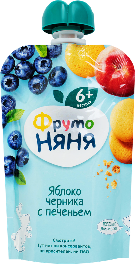 Пюре фруктовое ФРУТОНЯНЯ Яблоко и черника, с печеньем, с 6 месяцев, 90г, превью