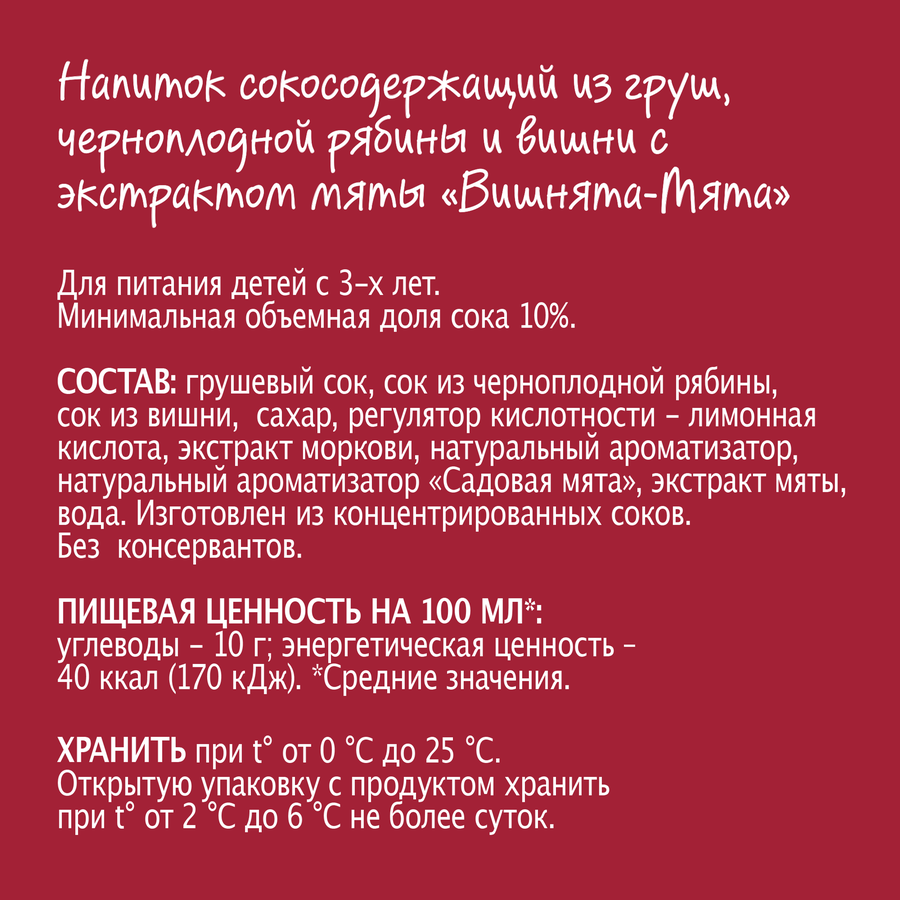 Напиток сокосодержащий МОЯ СЕМЬЯ Вишнята-Мята, из яблок, черноплодной рябины и вишни с экстрактом мяты, 0.95л, предпросмотр