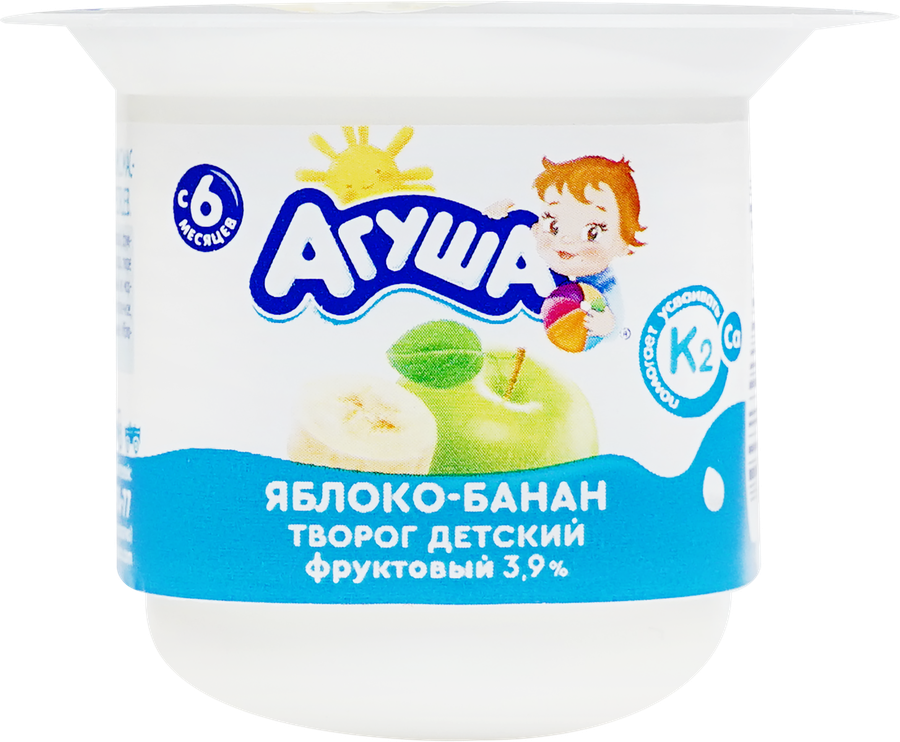 Творог детский АГУША Яблоко, банан фруктовый 3,9%, с 6 месяцев, без змж, 100г, предпросмотр