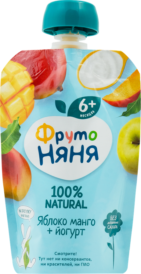 Пюре фруктово-йогуртное ФРУТОНЯНЯ Яблоко, манго, с йогуртом, с 6 месяцев, 90г, превью