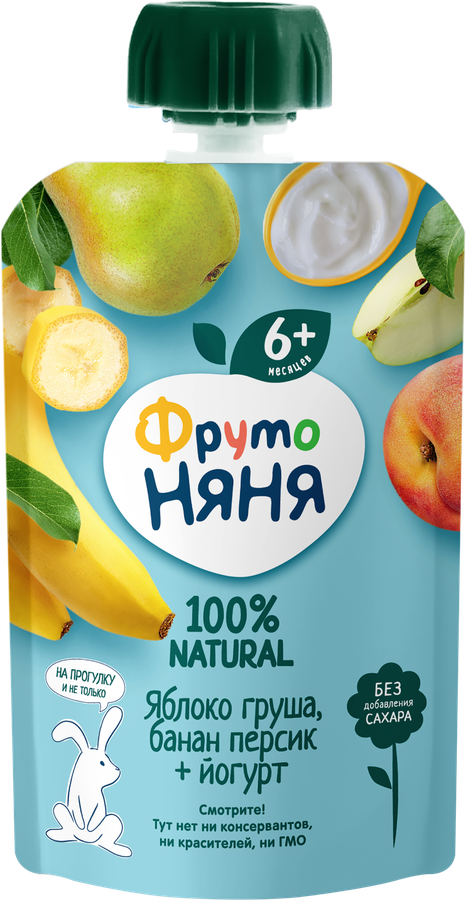 Пюре фруктово-йогуртное ФРУТОНЯНЯ Яблоко, груша, банан и персик, с йогуртом, с 6 месяцев, 90г, предпросмотр