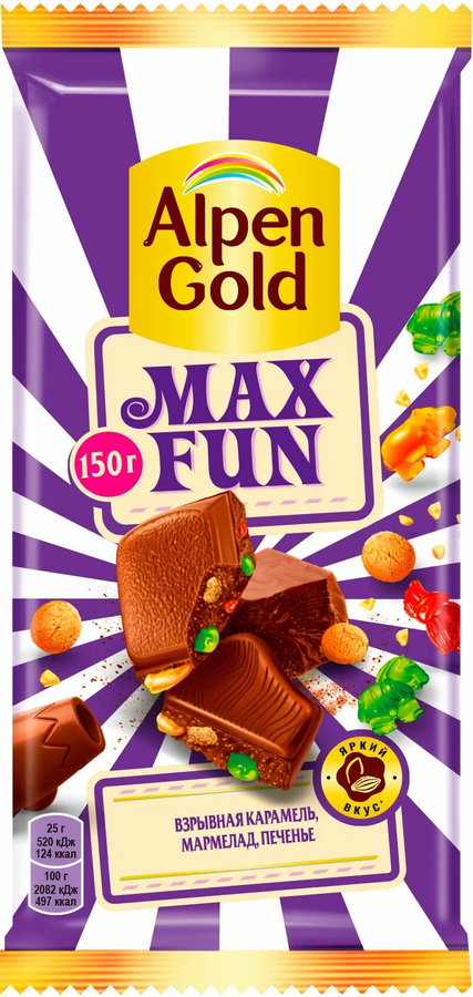 Шоколад молочный ALPEN GOLD Max Fun со взрывной карамелью, мармеладом и печеньем, 140г, превью