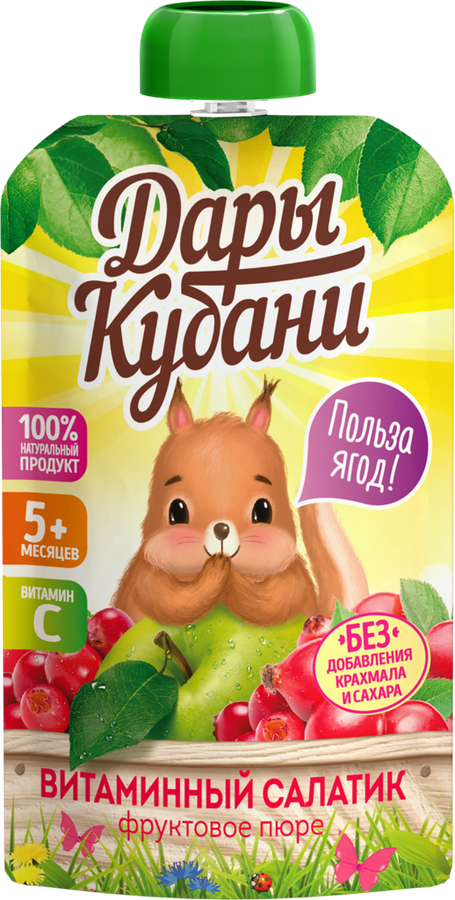 Пюре фруктовое ДАРЫ КУБАНИ Витаминный салатик, из яблок, шиповника и клюквы, с 5 месяцев, 90г, предпросмотр
