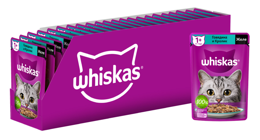 Корм консервированный для взрослых кошек WHISKAS желе с говядиной и кроликом, 75г, предпросмотр