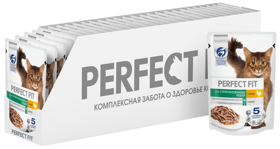 Корм консервированный для взрослых кошек PERFECT FIT Sterile с курицей в соусе, для стерилизованных, 75г, предпросмотр