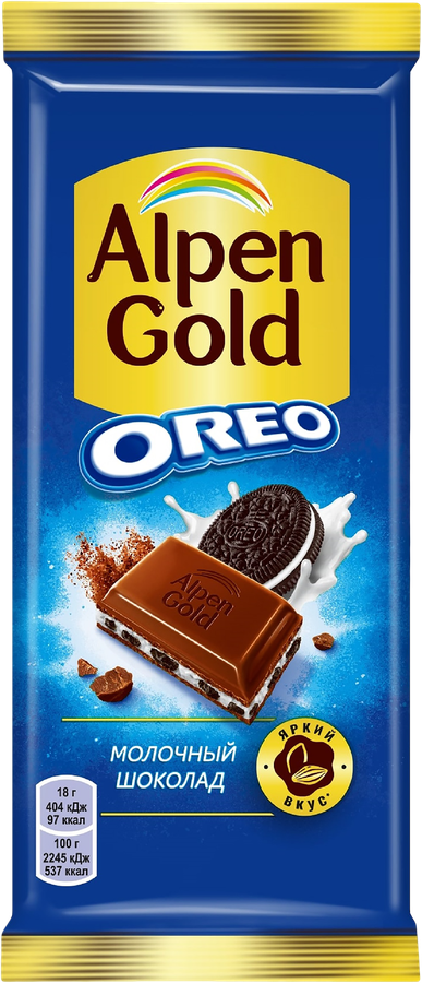Шоколад молочный ALPEN GOLD Орео со вкусом ванили и кусочками печенья, 85г, превью